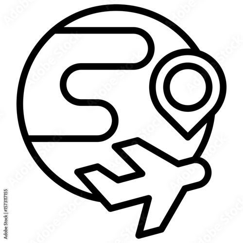 A global travel concept icon or determining the location of a destination on a world map, combining elements of a world map, location pins, and airplanes.