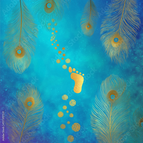 Krishna Janmashtami Background with Soft Blue Gradient and Baby Krishna Footprint Trails
