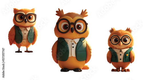A set of charming owl characters with scholarly glasses and formal vests brings a touch of wisdom and whimsy for educational or creative design projects requiring playful graphics.