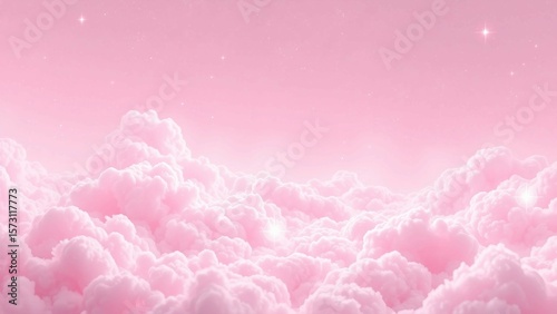 Traumhafte rosa Wolkenlandschaft mit glitzernden Sternen, sanften Pastellfarben und romantischer Atmosphäre, perfekt für Hintergründe und Poster.