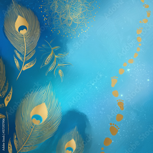 Krishna Janmashtami Background with Soft Blue Gradient and Baby Krishna Footprint Trails