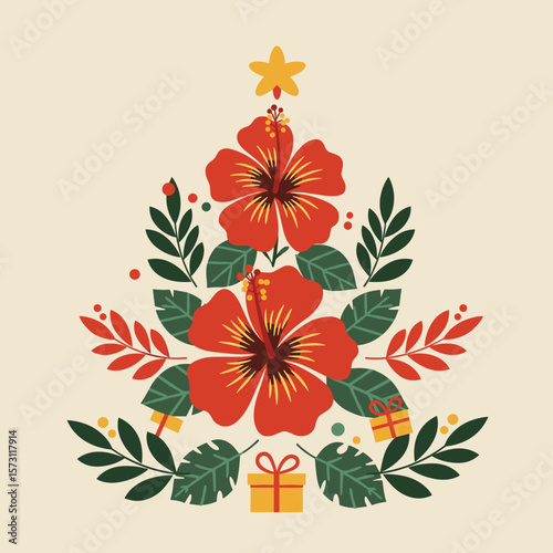 Christmas tree made of red hibiscus flowers and green leaves, suitable for the tourism niche, gift products, summer lifestyle content and holiday New Year marketing with a tropical accent.