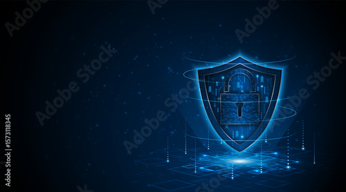Cyber ​​security concept with shield symbol and lock. Data protection and cyber privacy. Innovative concept of advanced safety technology	