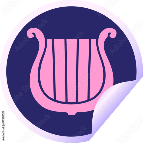 circular peeling sticker cartoon of a golden harp in bright neon color