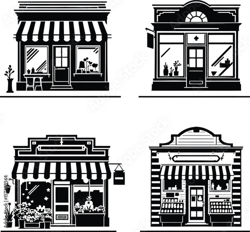 Local Storefronts Icons  A Vector Grid Depicting Boutique Facades with Awning Styles, Plants, and Window Displays in Silhouette Detail