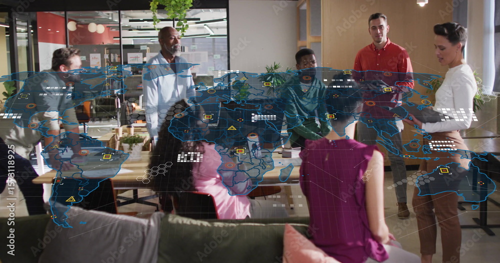 Naklejka premium Gathering team of seven collaborating around wooden conference table with laptops, data map overlay