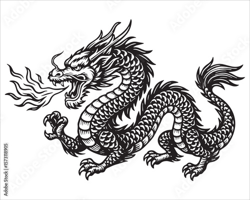 Black and White Illustration of a Chinese Dragon Breathing Fire