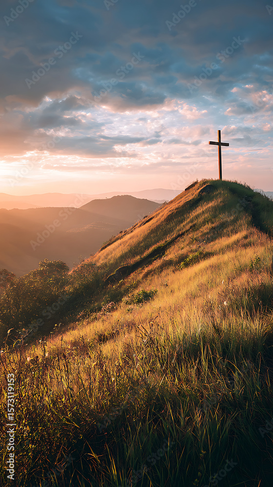 Obraz premium Peaceful hill with a wooden cross at sunrise, faith journey concept 