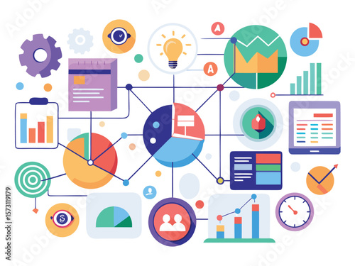 Business analytics and data visualization infographic elements connected in a network isolated on white background
