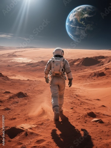 Astronaut's Solitary Walk on Mars with Earth Visible in the Sky