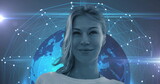 Standing woman wearing ribbed top facing blue network background, with globe overlay and mesh nodes