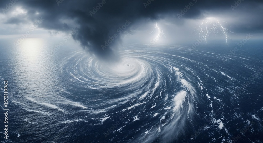 Fototapeta premium A powerful hurricane swirls over the ocean, with dark storm clouds and lightning strikes visible in the sky.