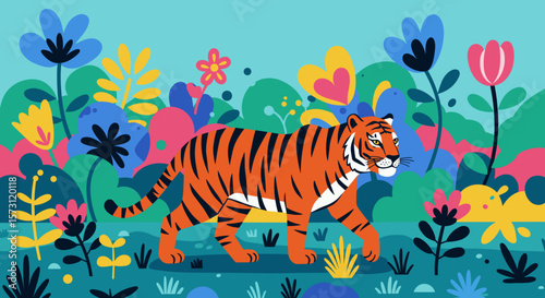 Colorful tiger walking through vibrant floral landscape  