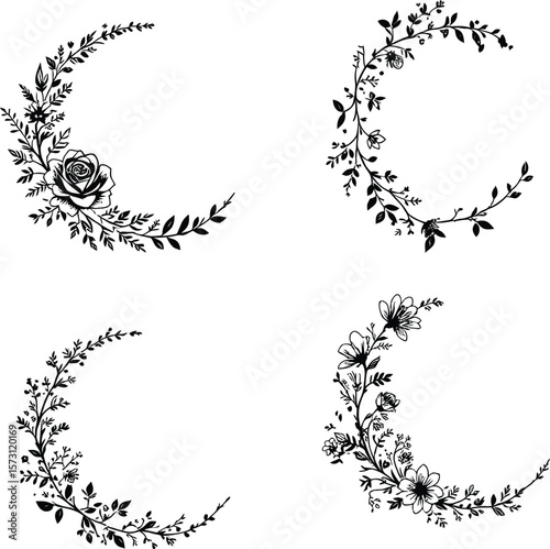 Floral Crescent Moons Icons  A Vector Set Featuring Ornamental Lunar Silhouettes Embellished with Flowers, Leaves, and Nature’s Curves