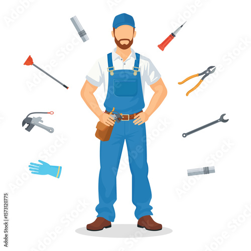 White Plumber Standing with Plumbing Tools on White Background – Vector Illustration Featuring Pipe Coupling, Wrench, Rubber Glove, Plunger, Screwdriver, Pliers, Pipe Fitting – Labor Day Concept