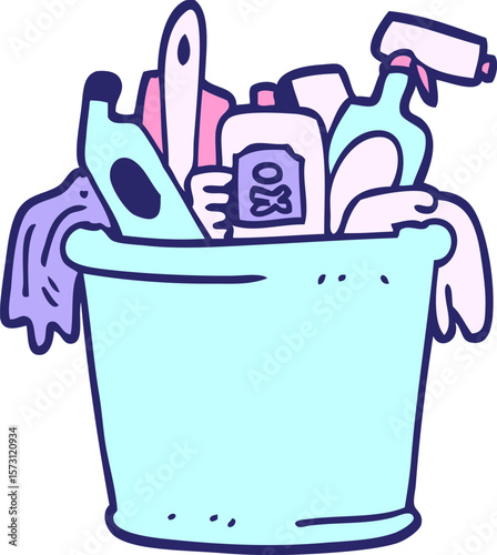 cartoon doodle house cleaning products in bright neon color