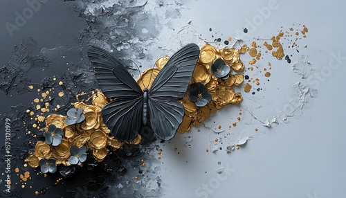 Elegant black butterfly on gold and silver floral abstract art for luxury decor.