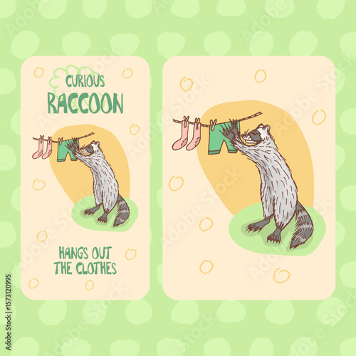 raccoon hang out the clothes cartoon character household chores sketchy and quirky animal illustration