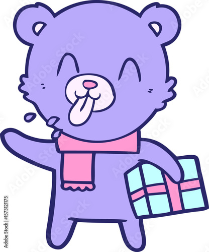 rude cartoon bear with present in bright neon color