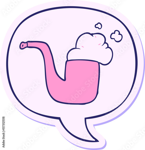 cartoon old smoking pipe with speech bubble sticker in bright neon color