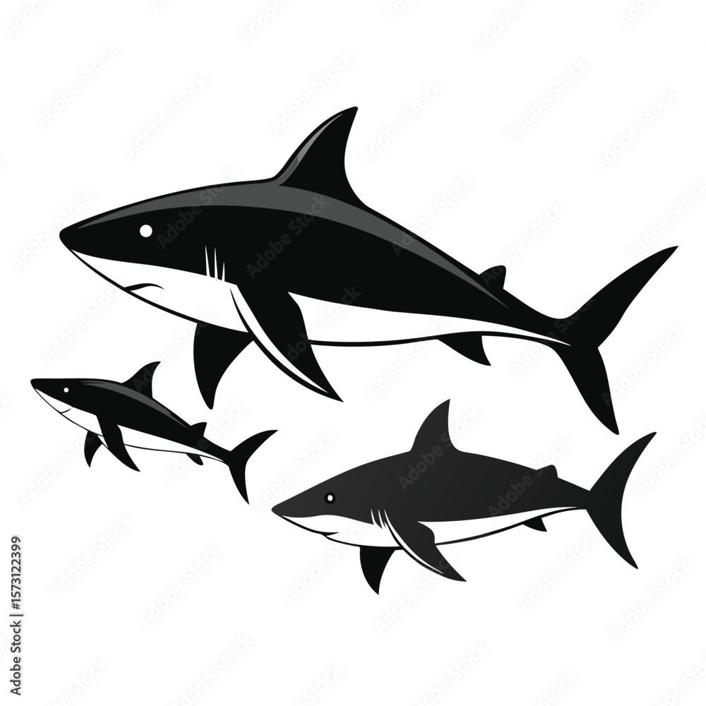 Obraz premium A clean, graphic illustration featuring the silhouettes of three oceanic whitetip sharks against a stark white background. The sharks are depicted in black, with subtle white highlights along their fi