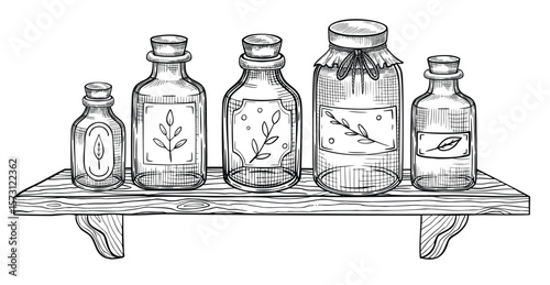 Vector illustration of a shelf with labeled glass apothecary bottles. Outline drawing with containers or jars for herbal remedy packaging, traditional medicine and botanical product in vintage style.