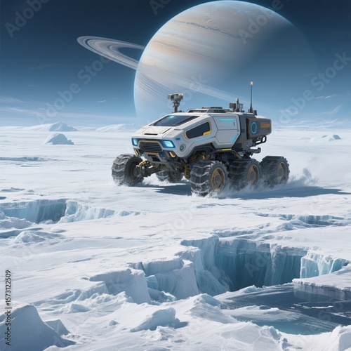 Futuristic Rover Exploring Icy Exoplanet with Saturn-like Rings, Digital Art