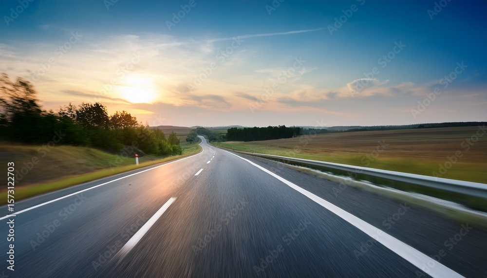 Naklejka premium blurred rural highway seen from moving car at dusk