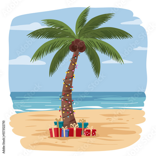 A palm tree decorated with lights and gifts on the beach in summer is suitable for brands operating in the niche of tourism, beach fashion, gift products, and for festive New Year's marketing with a t