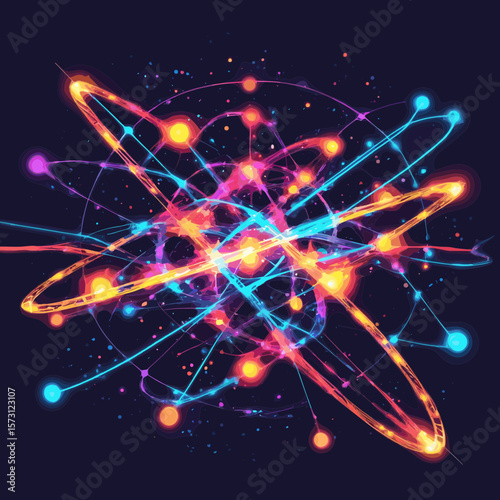 Abstract Glowing Atom Structure with Colorful Orbits and Particles