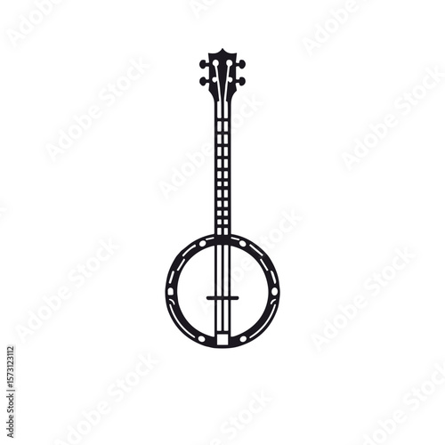 Minimalistic black-and-white line art illustration of a banjo  