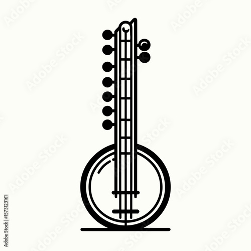 Minimalistic black-and-white sitar illustration in clean vector style 