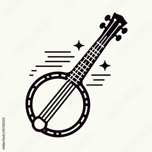 Black and white illustration of a banjo with musical accents  