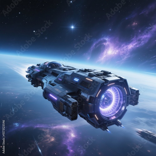 Futuristic Spaceship Gliding Through Nebula, Purple Glow, Sci-Fi Concept