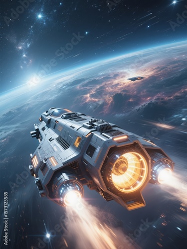 Futuristic Spaceship Soaring Above Earth, Glowing Engines, Starry Sky, Sci-Fi Adventure