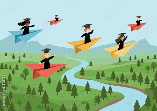 College graduates fly paper airplanes over forest