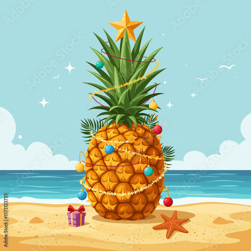 A tropical pineapple decorated like a Christmas tree on a sandy beach is suitable for brands working in the niche of tourism, beach fashion, gift products, holiday marketing with a tropical accent.