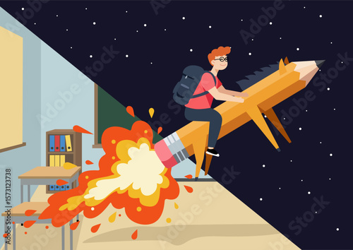 A schoolboy riding a pencil flies from the classroom into space.