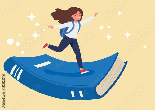 schoolgirl flies standing on a book