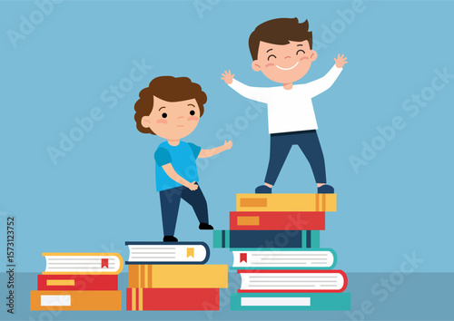 children standing on stacks of books, concept of intellectual growth