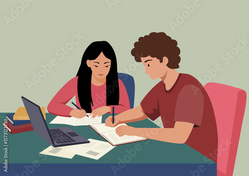 Two students doing homework together, Vector illustration in flat style.