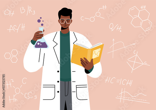 Young chemist scientist with a test tube and a book