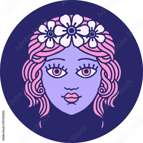 iconic tattoo style image of female face with crown of flowers in bright neon color