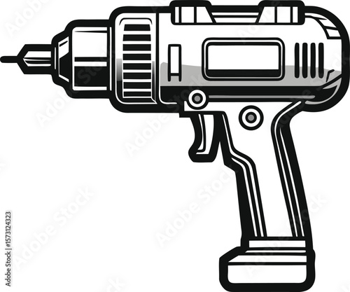 hammer drill detailed black line art vector on white
