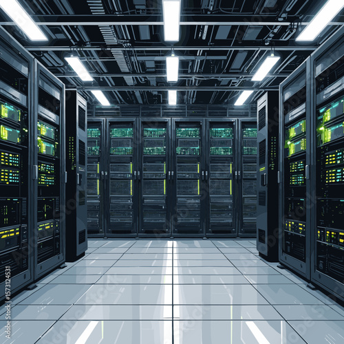 Modern Data Center Server Room with Bright Lights