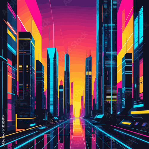 Pixel Art Cityscape at Sunset with Neon Lights