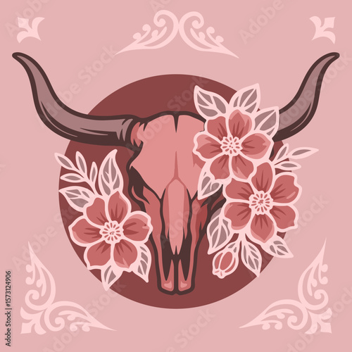 longhorn 3D Shadow Box, 8 layers – bull skull with horns and flowers in boho western style, layered vector for paper cutting and decoration