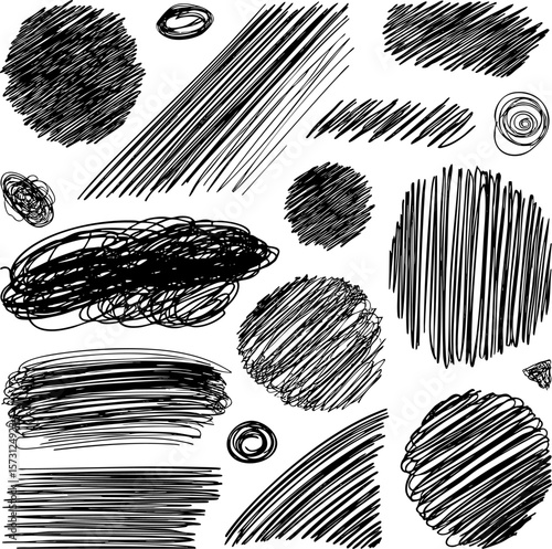 A diverse set of hand-drawn vector grunge textures. Includes scribbled circles, hatching, banners, and sketchy lines. Creative toolkits and modern design projects.