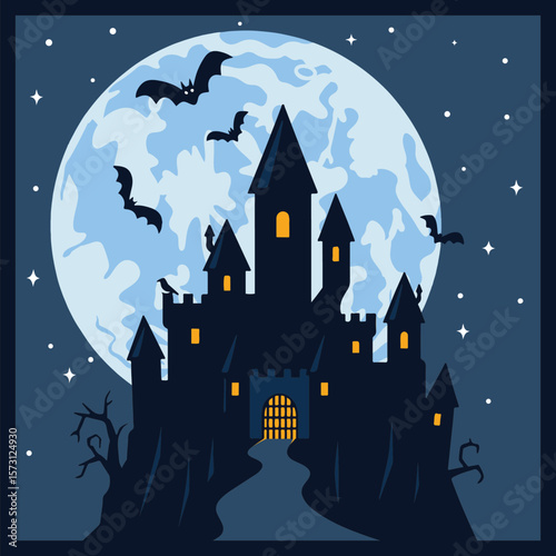 3D Shadow Box, 8 layers – haunted castle with bats and full moon in layered vector paper cut style, spooky Halloween night scene