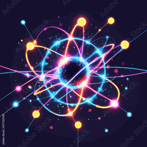 Abstract Atom Model Glowing Neon Colors Dark Background